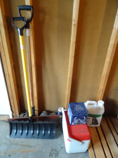 Snow shovels. Cooler. Table lantern...