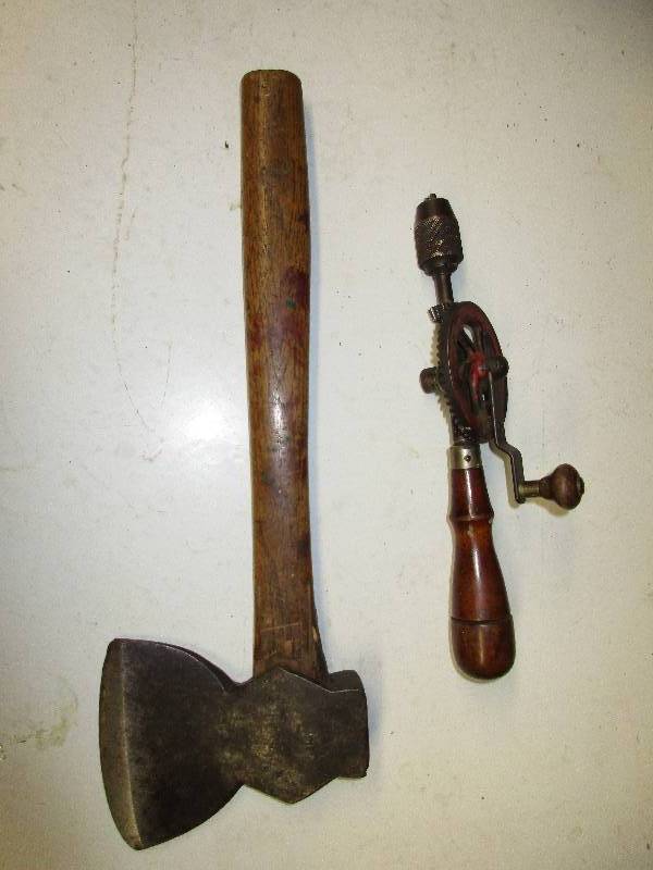 Vintage hatchet and hand drill...