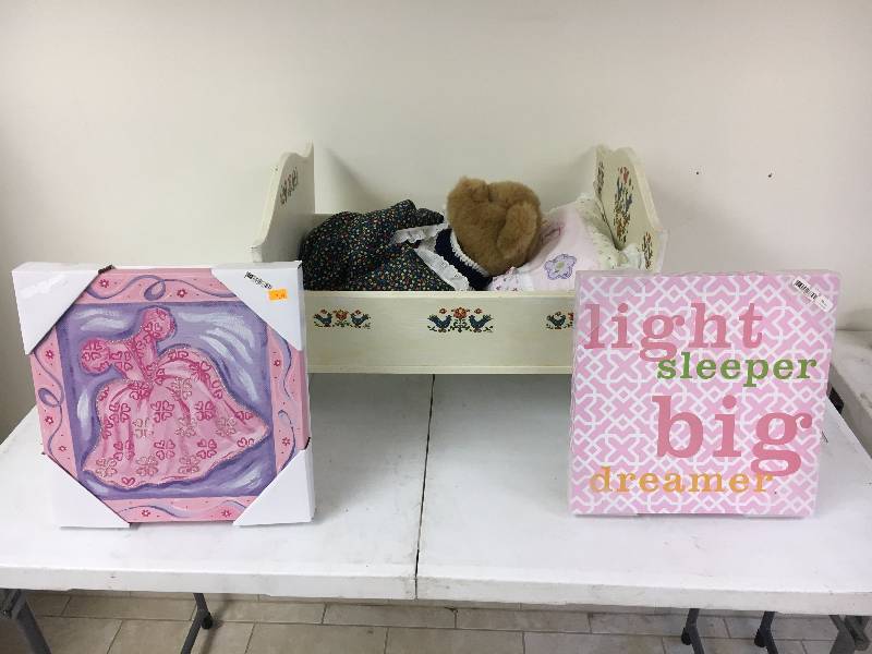 lot 51 image: Toy Crib w Pictures and Stuffed Animals