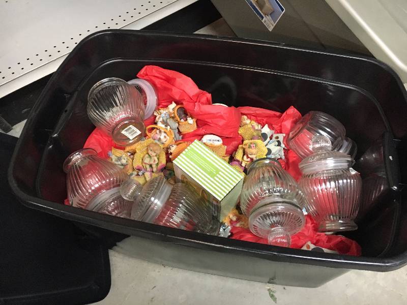 lot 200 image: Tote of Fishbowls, Figurines, etcs.