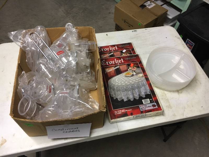 lot 240 image: Condiment Holders, Crochet Tablecloth, Etc.