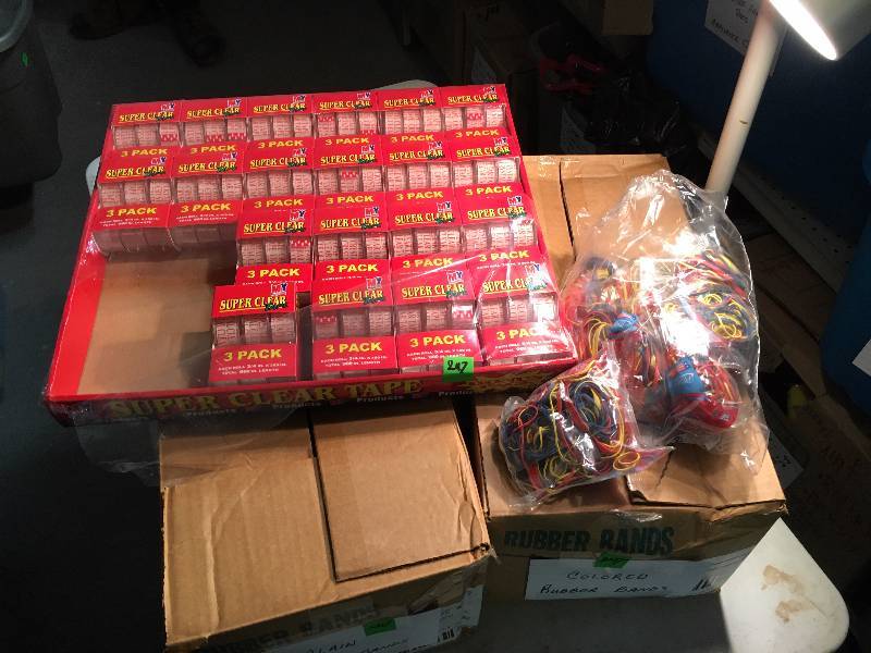 lot 247 image: 2 Boxes of Scotch Tape, Rubberbands, Etc.