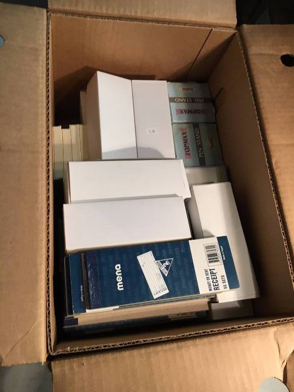 lot 248 image: Box of Index Cards, Staples, Reciept Books & Pen Stands