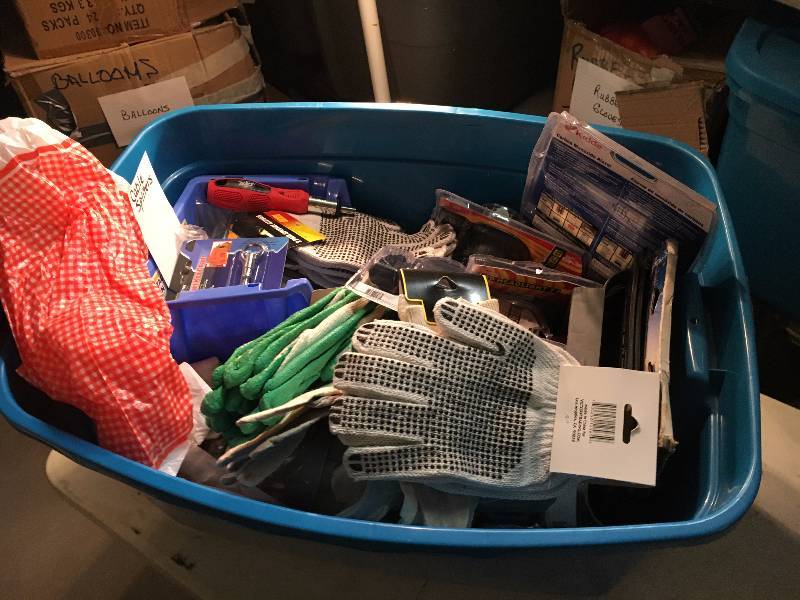 lot 256 image: Tote of Tools, Gloves, Hardware, Etc.