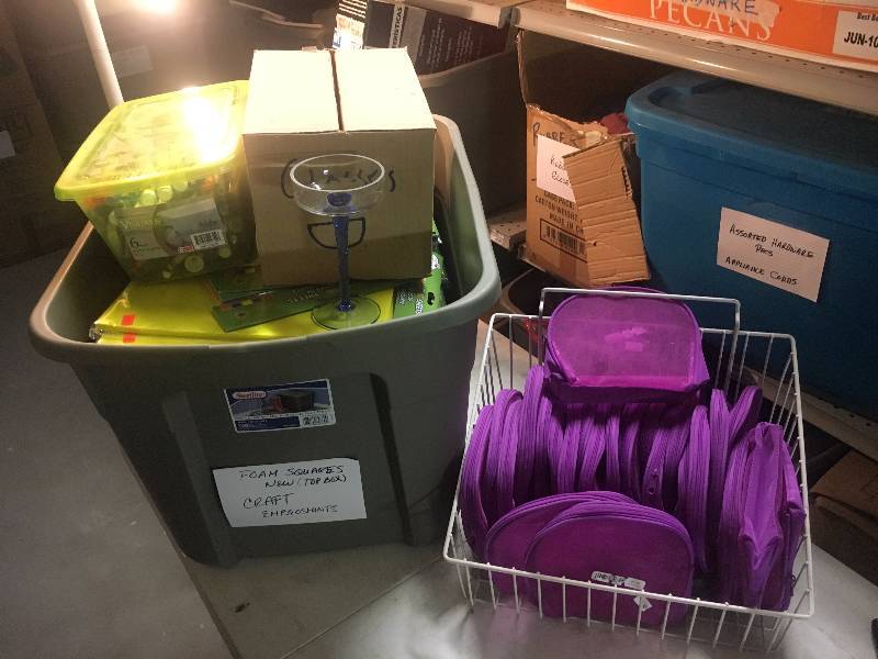 lot 268 image: Tote and Basket of Handbags, Craft Supplies, Etc.