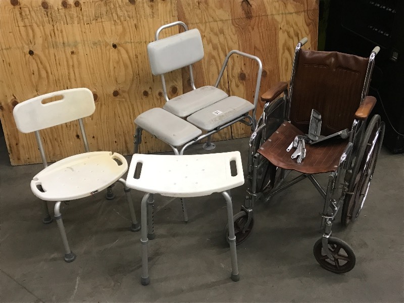 lot 37 image: (3) Shower Chairs & Wheelchair