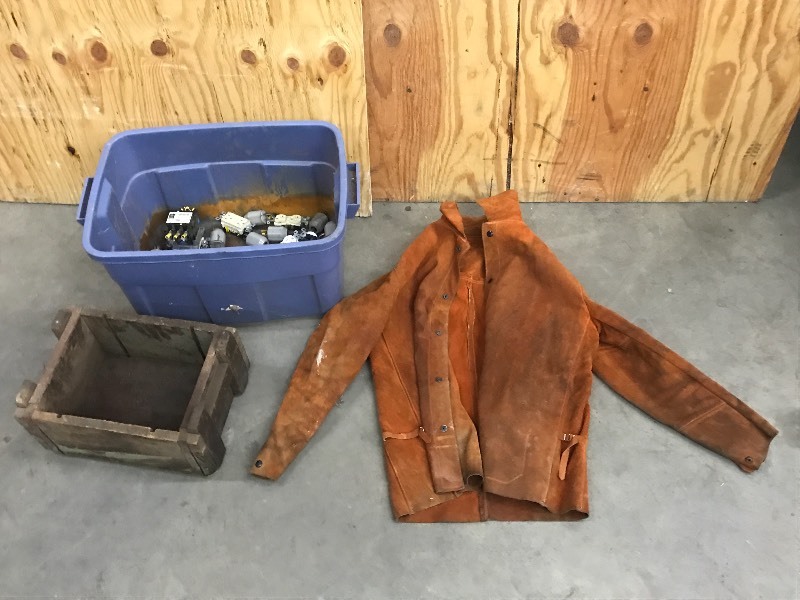 lot 59 image: Tote Of Welding Vest, Electrical Supplies, Wooden Crate