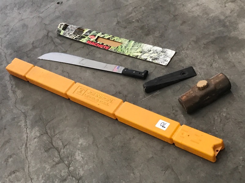 lot 70 image: Level Case, Splitting Maul, Machete, Etc
