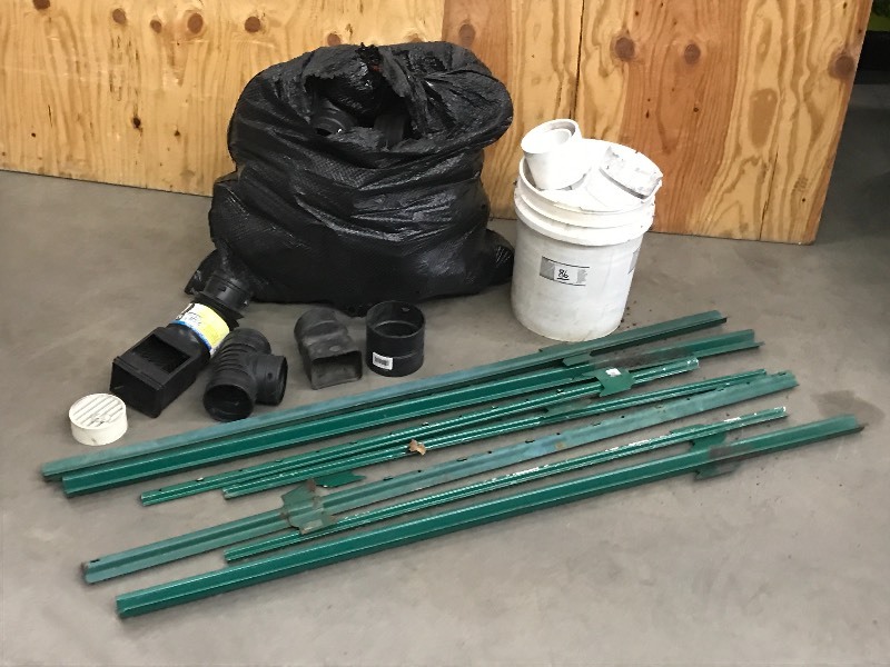 lot 86 image: PVC Fittings, Fence Stakes, Bag Of Gutter Pieces