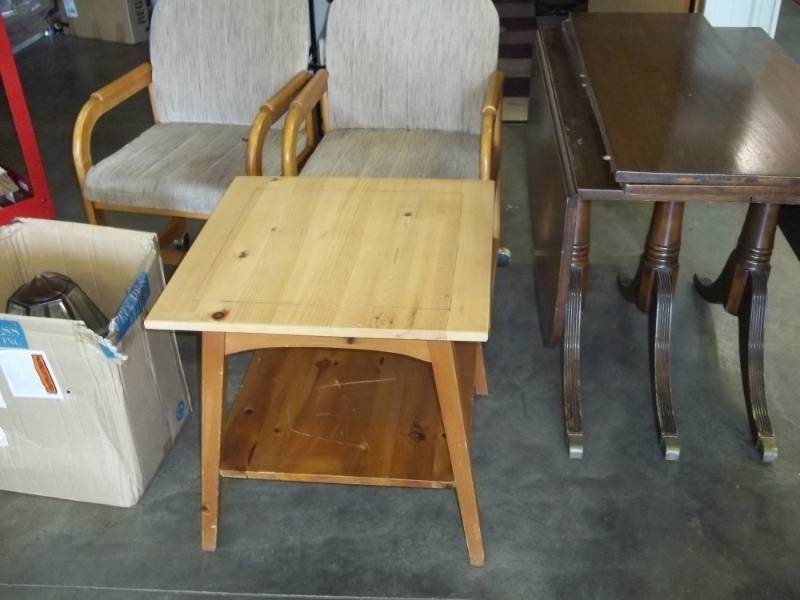 lot 18 image: 2 Chairs, Pine end table, 2 Ironing boards Dropdown Table with Leaves and hanging light