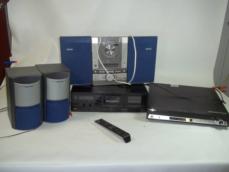 lot 71 image: Home Theater tuner, CD Player, Cassette Deck, and Speakers