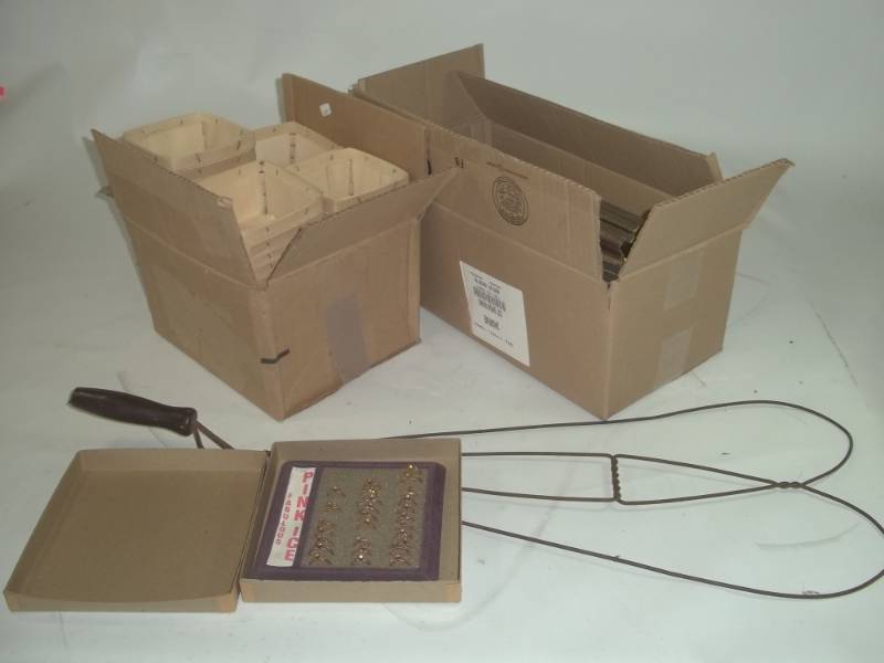 lot 77 image: Vintage Rug Beater, Jewelry, wood pint baskets, and picture frames