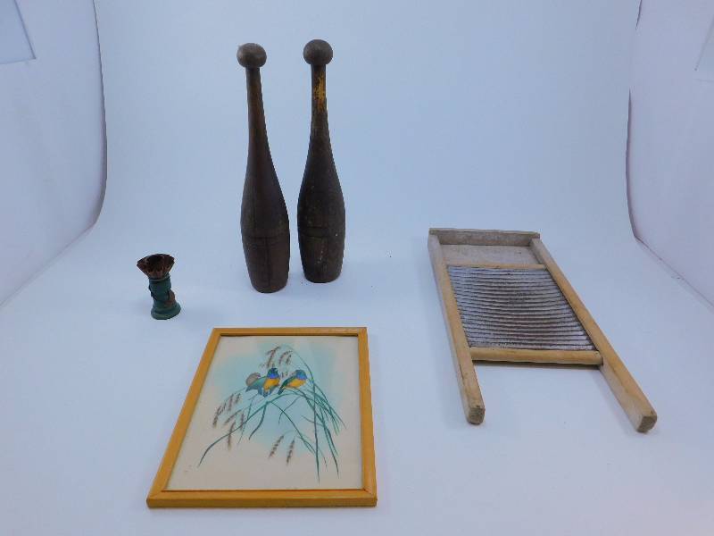 lot 104 image: Vintage Wood Juggling Pins and other items