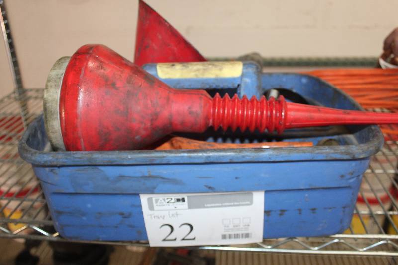 lot 22 image: Tool Caddy w Tools Includes Wrenches, Brushes, Funnel, Hardware, And More