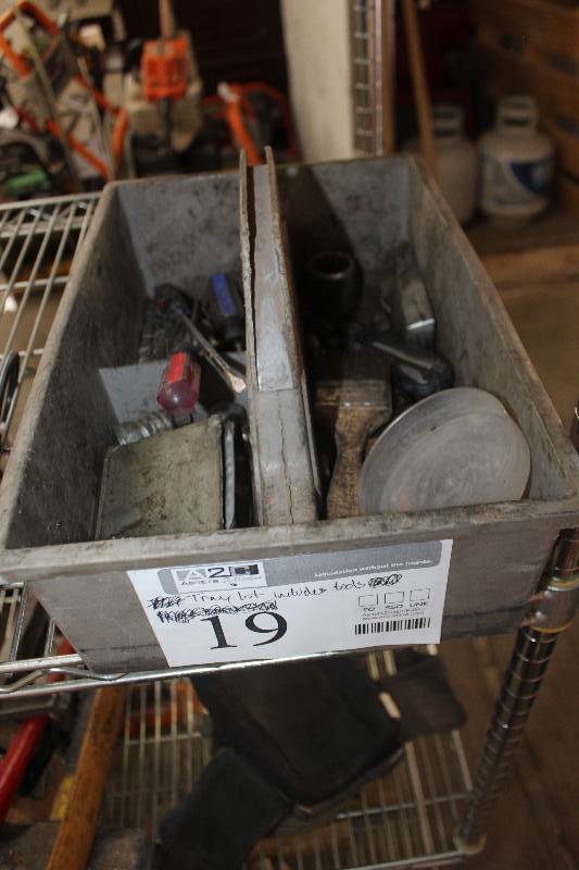 lot 19 image: Tool Caddy w Tools Includes Screwdrivers, Paint Brushes, Sockets, And More