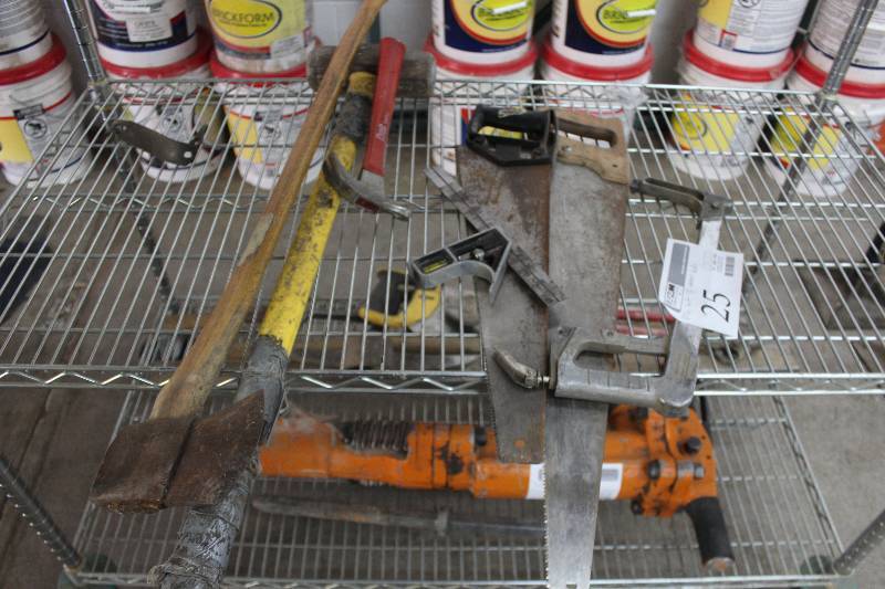 lot 25 image: Lot of (7) Hand Tools Includes Axe, Sledgehammer, Hammer, Hand Saw, And More