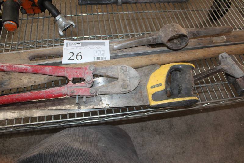 lot 26 image: Lot of (7) Hand Tools Includes Bolt Cutters, Hand Saw, Hammers, Chisels, Axe Head, And More