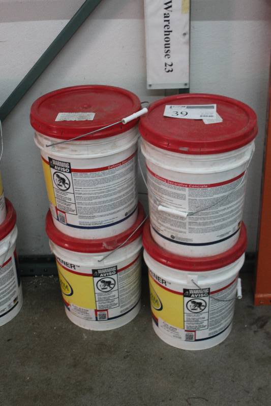 lot 39 image: Lot of (4) 60 lbs. Buckets of Brickform Color Hardener Includes Pecos Sand, Smokey Beige, Medium Gray, Nutmeg