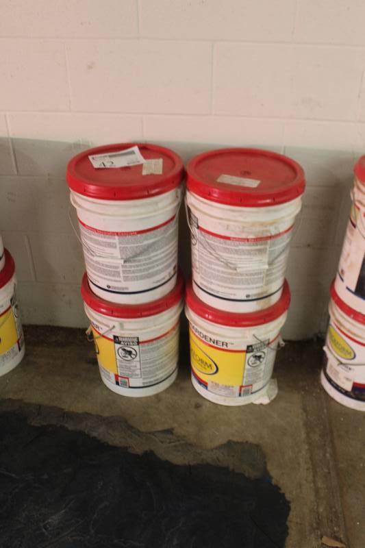 lot 42 image: Lot of (4) 60 lbs. Buckets of Brickform Color Hardener Includes Antique Cork, Pecos Sand, Light Gray, Autumn Brown