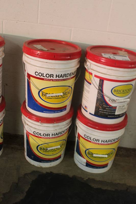 lot 43 image: Lot of (4) 60 lbs. Buckets of Brickform Color Hardener Includes Dark Gray, Sun Buff, Smokey Beige, Light Gray