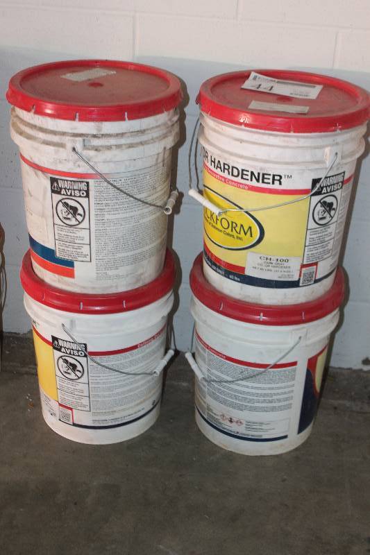 lot 44 image: Lot of (4) 60 lbs. Buckets of Brickform Color Hardener Includes Dark Gray, Light Gray, Medium Gray, Medium Gray