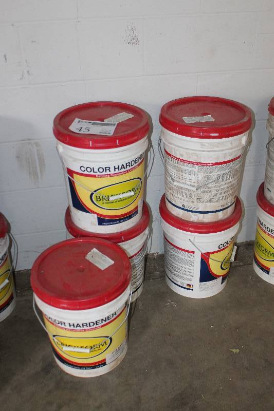 lot 45 image: Lot of (4) 60 lbs. Buckets of Brickform Color Hardener Includes Walnut, Light Gray, Light Gray, Medium Gray