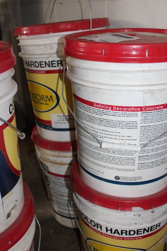 lot 46 image: Lot of (4) 60 lbs. Buckets of Brickform Color Hardener Includes Stone Gray, Light Gray, Dark Gray