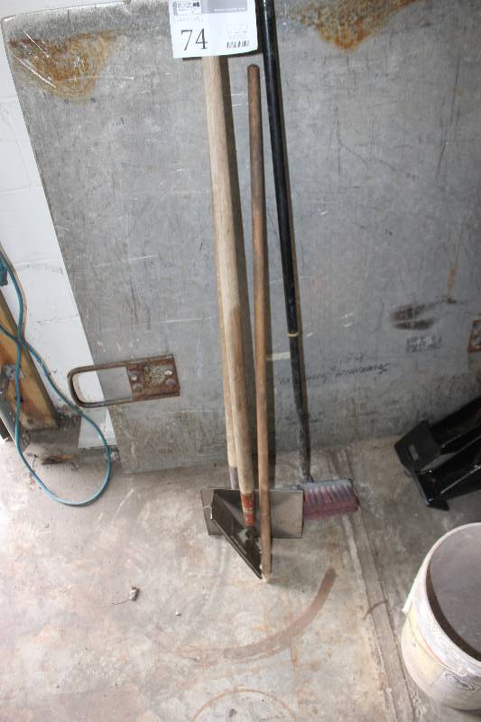 lot 74 image: Lot of (3) Cement Hand Tools Includes 2-Trowels, 1-Broom