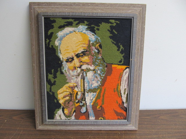 lot 53 image: Vintage Woven Framed Artwork - Man with Pipe