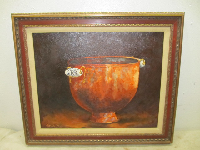 lot 112 image: Vintage Framed Copper Pot Still Life Oil on Canvas Painting