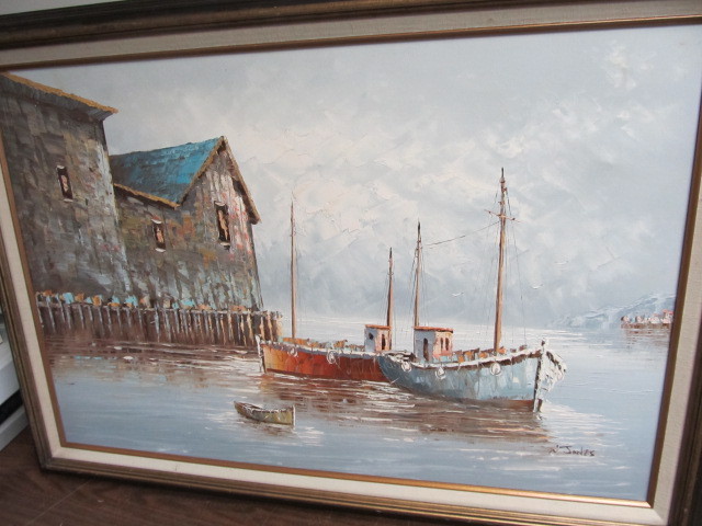 lot 4 image: Large Signed Vintage Mid Century Oil on Canvas Harbor Scene