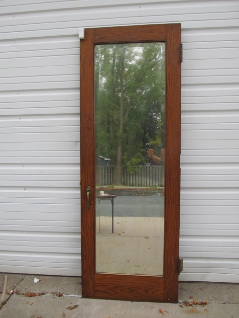 lot 145 image: Antique Solid Oak Door wBeveled Glass Mirror