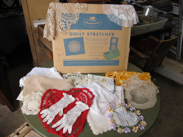 lot 165 image: Vintage Doily Stretcher w Old Hand Made Doilies etc