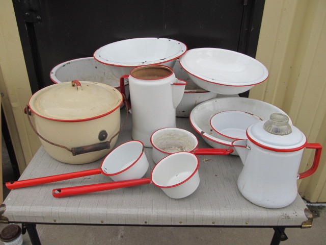 lot 175 image: Large Lot of Red & White Enamelware