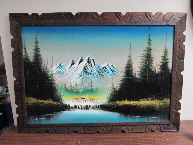 lot 198 image: Large Vintage Oil on Velvet Painting wDeer