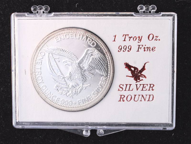 1 TROY OZ. .999 FINE SILVER ENGELHARD 1985 THE AMERICAN PROSPECTOR STAMFORD BANK