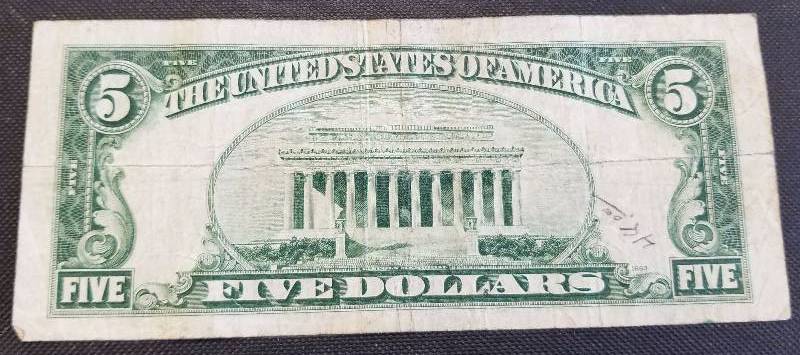 1934 US $5 BLUE SEAL FEDERAL RESERVE NOTE SILVER CERTIFICATE
