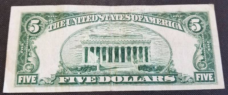 1953-A BLUE SEAL US $5 SILVER CERTIFICATE FEDERAL RESERVE NOTE