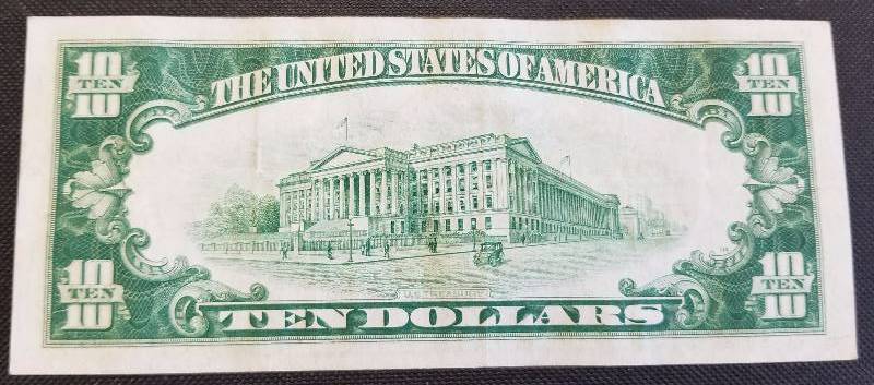 1928-B $10 FEDERAL RESERVE REDEEMABLE IN GOLD NOTE XF KANSAS CITY MO