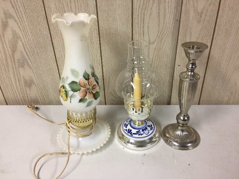 lot 15 image: Hurricane Style Lamp & Candle Holders