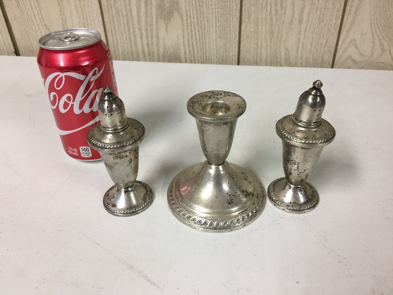 lot 41 image: Sterling Silver Salt & Pepper & Candleholder