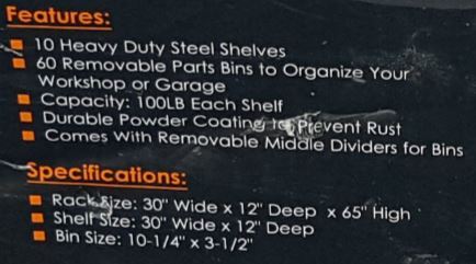 lot 18 image: Pro X One Steel Parts Rack With 6 Shelves And 60 Removable Bins