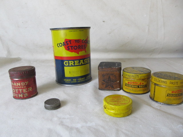 lot 214 image: Lot of Vintage Cans, Coast-to-Coast Grease Can, Small Tins