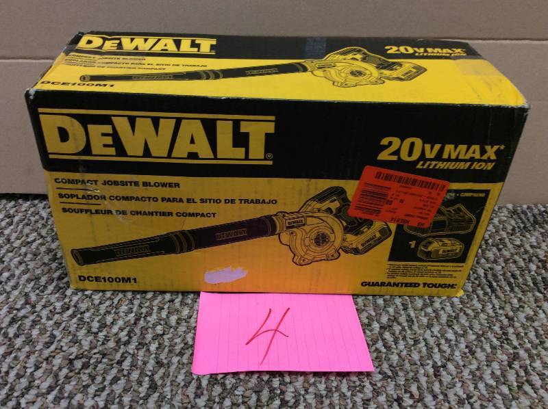 lot 4 image: Dewalt 135 MPH 100 CFM 20-Volt MAX XR Lithium-Ion Cordless Blower Kit with Battery 4Ah and Charger135 MPH 100 CFM 20-Volt MAX XR Lithium-Ion Cordless Blower Kit with Battery 4Ah and Charger in like new condition