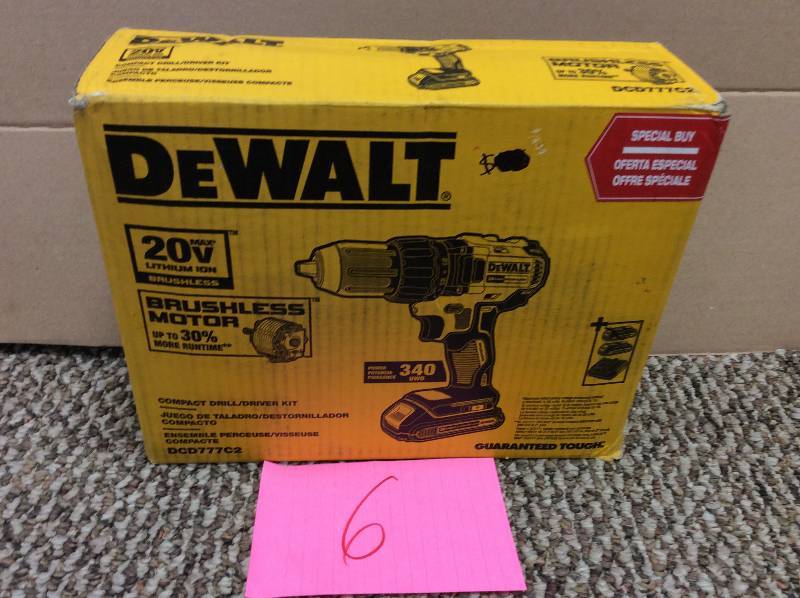 lot 6 image: Dewalt 20-Volt MAX Lithium-Ion Cordless Brushless Compact Drill Driver with (2) Batteries 1.5Ah, Charger and Bag in like new condition