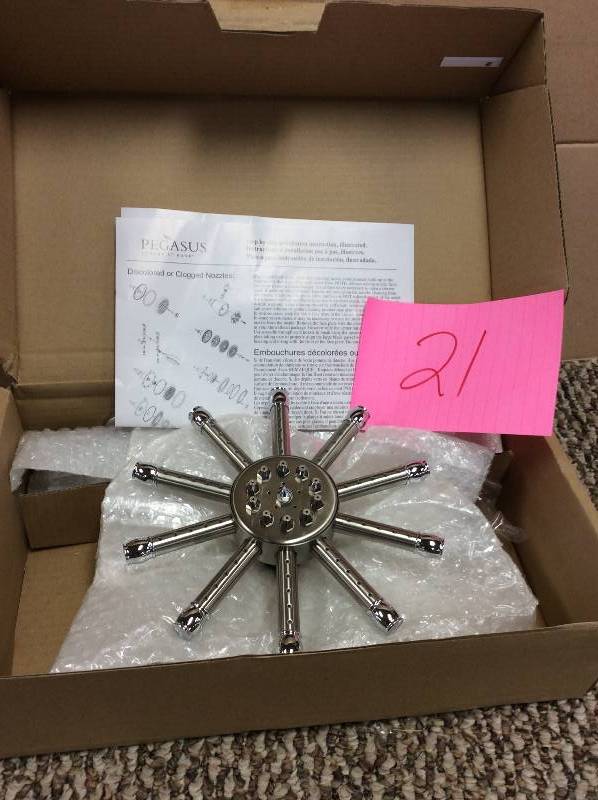 lot 21 image: Pegasus Wagon Wheel 1-Spray Showerhead in Brushed Nickel with 10 Bars not used