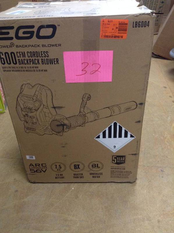lot 32 image: EGO 145 MPH 600 CFM 56-Volt Lithium-ion Cordless Backpack Blower with 7.5Ah Battery and Charger Included in like new condition