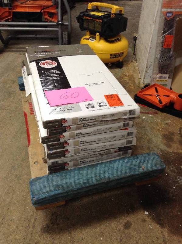 lot 60 image: Lot of 7 cases White Petrified Wood 12 in. x 24 in. Peel and Stick Vinyl Tile (20 sq. ft.  case) not used