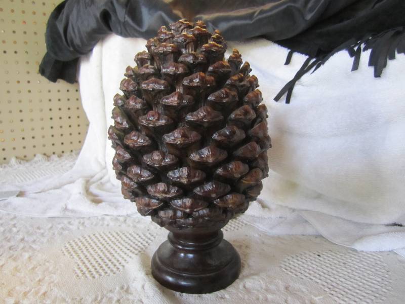 lot 9 image: Large Hand Carved Pine Cone 11.5 h...
