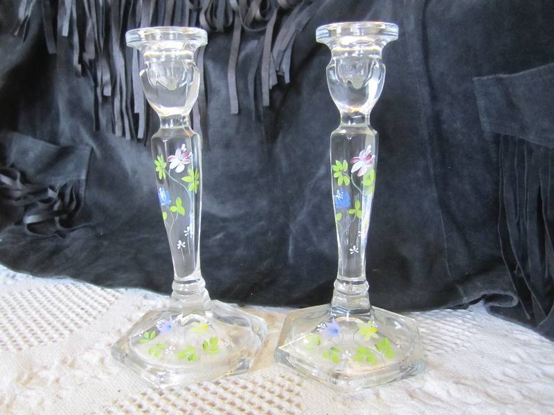 lot 22 image: Pair of Hand Painted Fenton Candle ...
